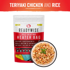ReadyWise self-heating teriyaki chicken and rice meal pouch with bowl of rice