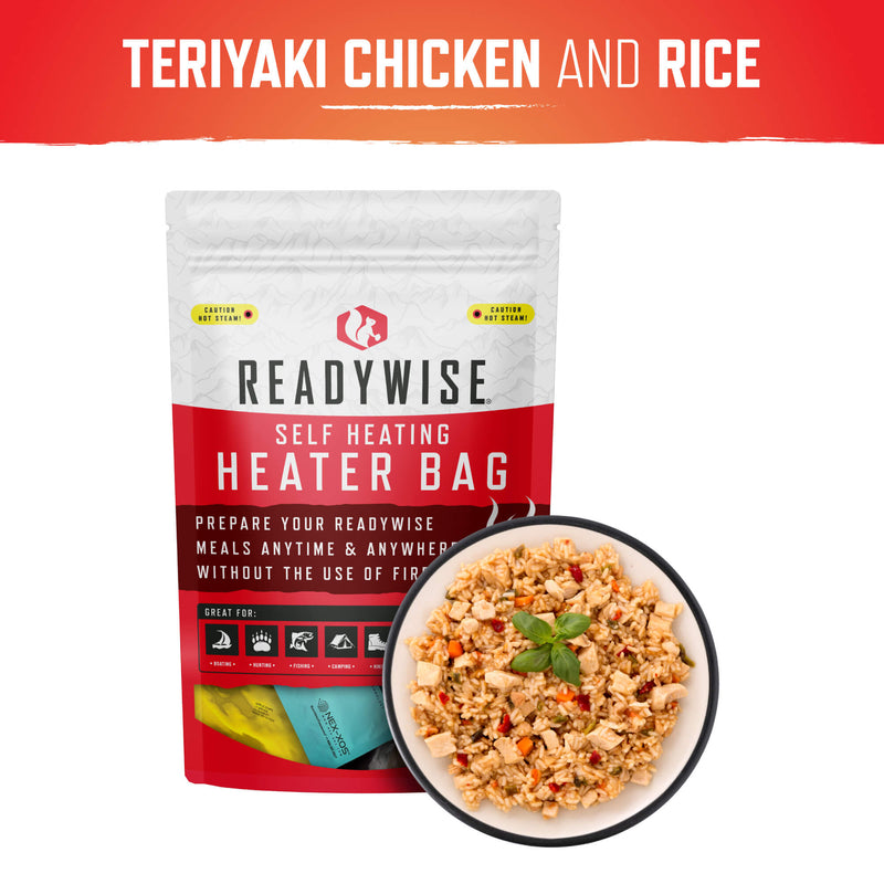 ReadyWise self-heating teriyaki chicken and rice meal pouch with bowl of rice