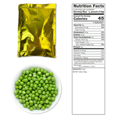 Sweet peas in gold pouch, bowl of green peas, and nutrition facts label