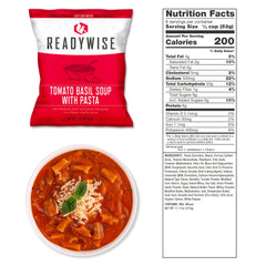 ReadyWise Tomato Basil Soup with Pasta packaged meal, bowl of soup with pasta, nutrition facts label