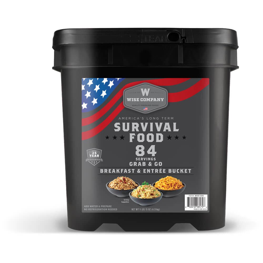 Wise Company survival food bucket with 84 servings, American flag, and meal images on label