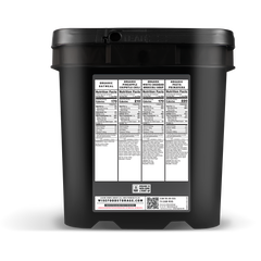 Back of Wise Food Storage black emergency food bucket with nutrition facts label