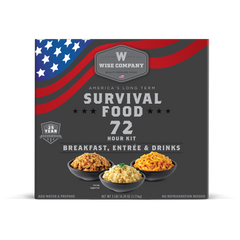 Wise Company 72 Hour Survival Food Kit box with meals, American flag design, and 25 year shelf life badge.