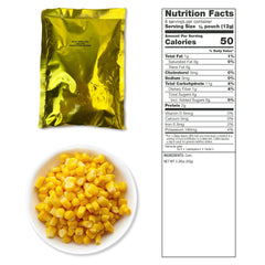 Vacuum-sealed pouch of whole kernel corn, nutrition facts label, and bowl of corn.