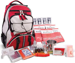 Red and white emergency backpack kit with survival food, water pouches, and safety supplies