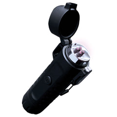 Black dual arc electric plasma lighter with open lid against white background