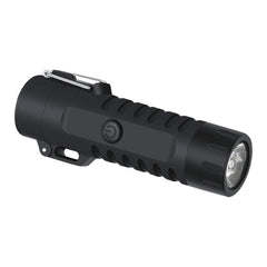Black compact LED flashlight with clip, textured grip, and power button on side