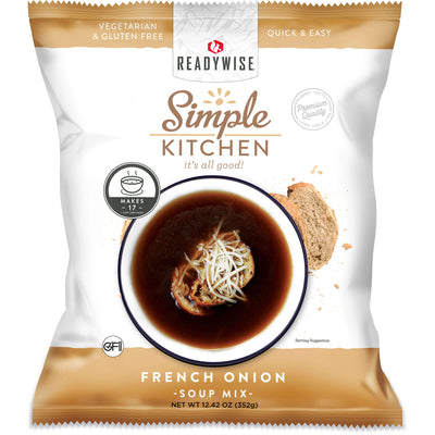 ReadyWise Simple Kitchen French Onion Soup Mix packaging with soup bowl and bread slice