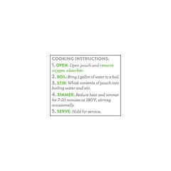 Garden vegetable pouch cooking instructions with five preparation steps in black and green text.