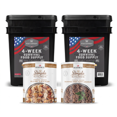 4 Week Food Supply with Beef & Chicken bundle - 4-Week Patriot Emergency Food Supply buckets, Diced Chicken can, and Beef Patty Crumbles can on white background
