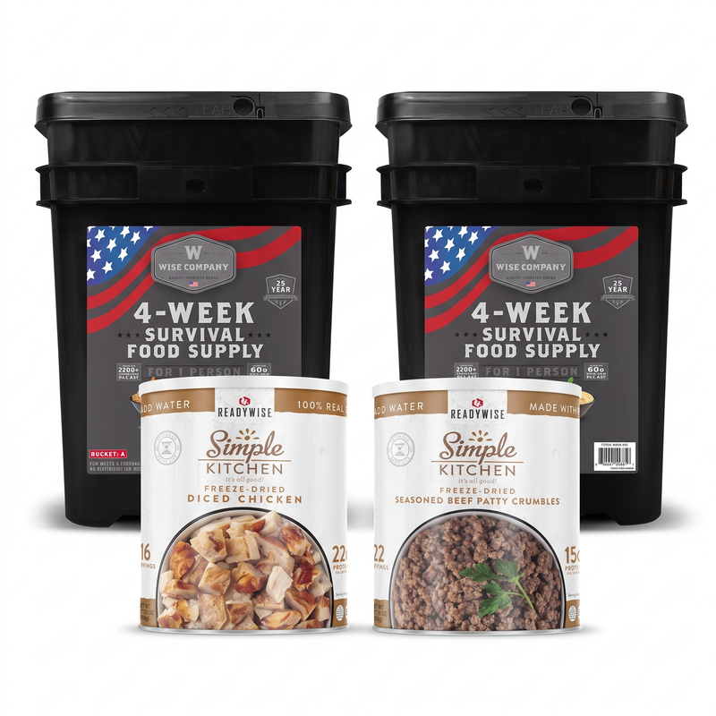 4 Week Food Supply with Beef & Chicken bundle - 4-Week Patriot Emergency Food Supply buckets, Diced Chicken can, and Beef Patty Crumbles can on white background