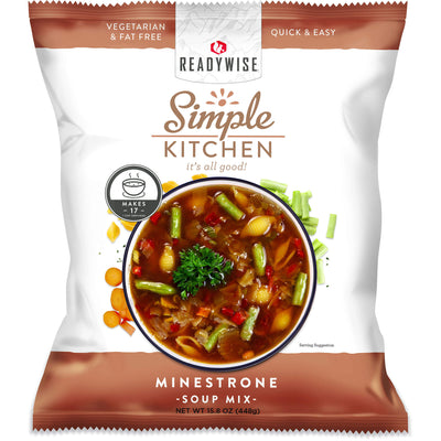 ReadyWise Simple Kitchen Minestrone Soup Mix packaging with colorful vegetable soup bowl