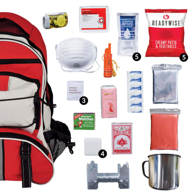 red survival backpack with emergency kit, food, water, mask, whistle and camping supplies