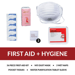 First aid and hygiene kit with N95 mask, water tablets, tissues, wipes, and emergency kit