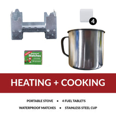 Heating and cooking survival kit with portable stove, matches, 4 fuel tablets, stainless steel cup